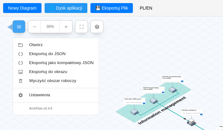 Menu główne z opcjami Otwórz, Eksport i Ustawienia